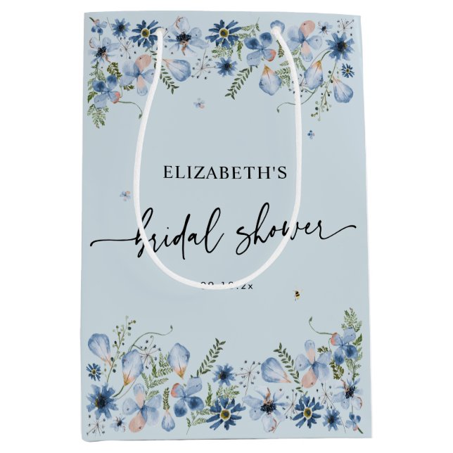 Dusty Blue Florals Bridal Shower Medium Gift Bag (Front)