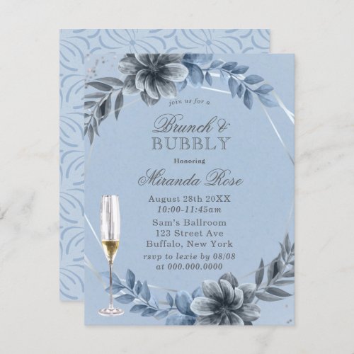 Dusty Blue Florals Brunch  Bubbly Invite