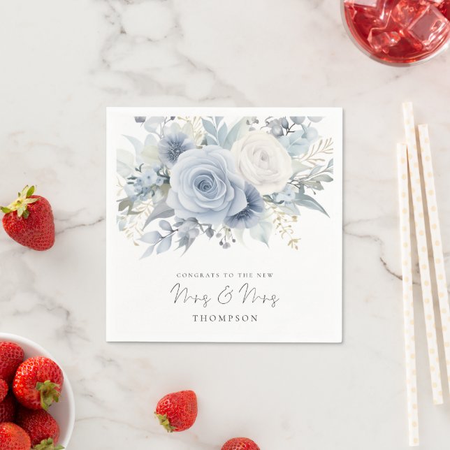 Dusty Blue Florals Congrats Mrs Mrs Gay Wedding  Napkins (Insitu)