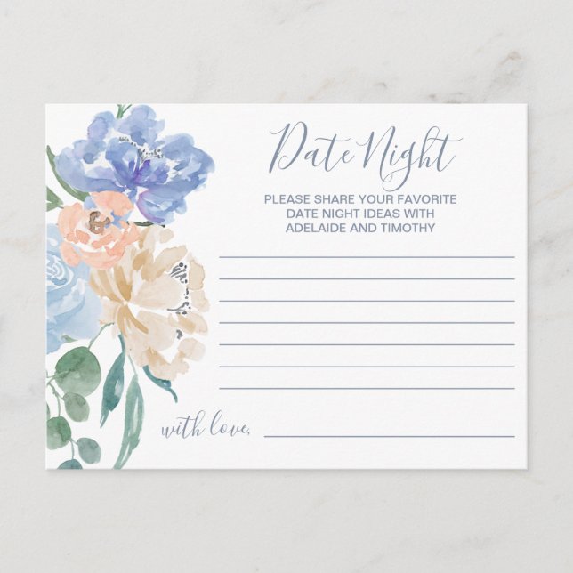 Dusty Blue Florals Date Night Idea Cards (Front)