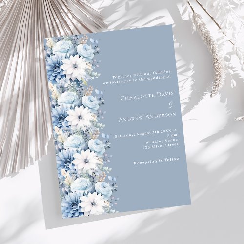 Dusty blue florals elegant wedding invitation