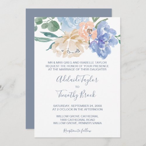 Dusty Blue Florals Formal Wedding Invitation