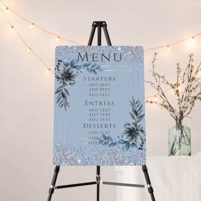 Dusty Blue Florals Glitter Wedding Menu Sign (In Situ (Stand))