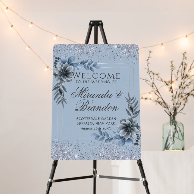 Dusty Blue Florals Glitter Wedding Welcome Sign (In Situ (Stand))