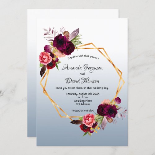 Dusty blue florals gold geometric wedding invitation