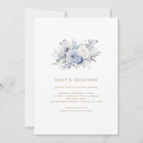Dusty Blue Florals Gold Script QR Code Wedding Invitation