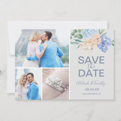 Dusty Blue Florals  Gray 3 Photo Collage Save The Date