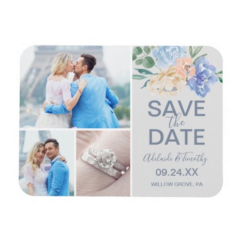 Dusty Blue Florals  Gray 3 Photo Save the Date Magnet