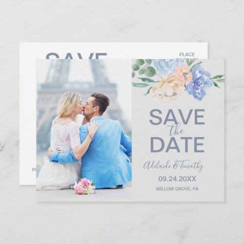 Dusty Blue Florals  Gray Photo Save the Date Announcement Postcard