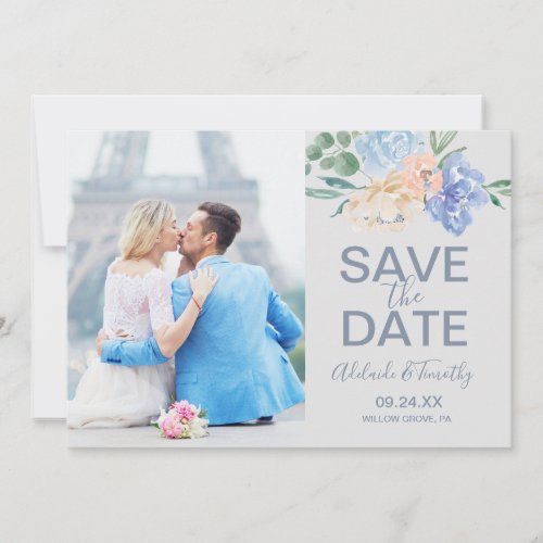Dusty Blue Florals  Gray Photo Save the Date Card