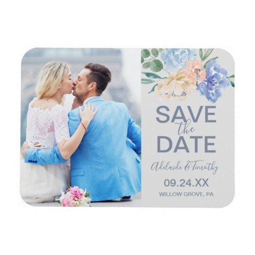 Dusty Blue Florals  Gray Photo Save the Date Magnet