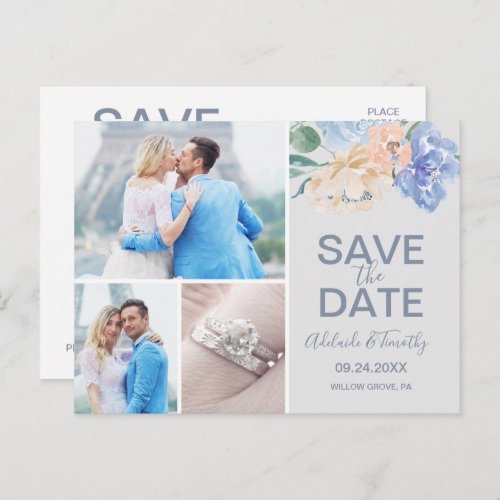 Dusty Blue Florals  Gray Save the Date 3 Photo Announcement Postcard