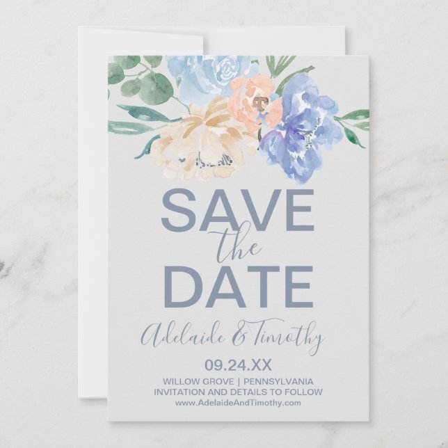 Dusty Blue Florals | Gray Save the Date Card (Front)