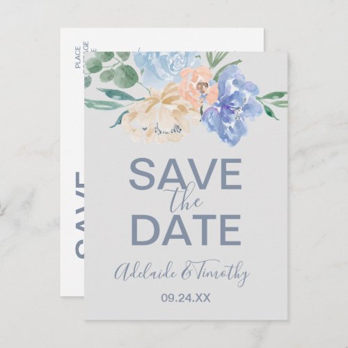 Dusty Blue Florals  Gray Save the Date Postcard