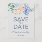 Dusty Blue Florals | Gray Save the Date Postcard (Front)