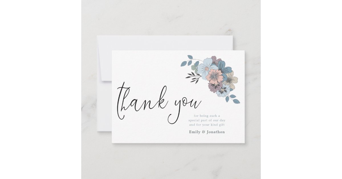 Dusty Blue Florals Illustration Script Photo Thank You Card | Zazzle