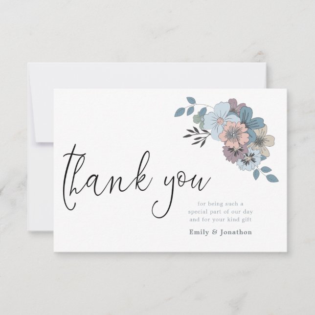 Dusty Blue Florals Illustration Script Photo Thank You Card (Front)