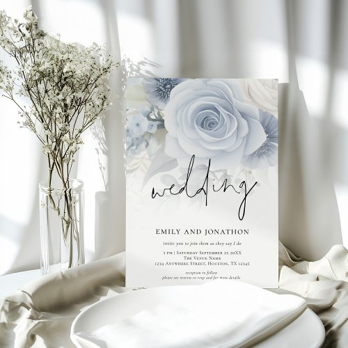 Dusty Blue Florals Informal Script Wedding Invitation