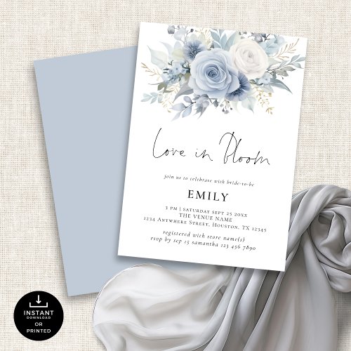 Dusty Blue Florals Love in Bloom Bridal Shower Invitation
