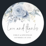 Dusty Blue Florals Love Thanks Wedding Classic Round Sticker<br><div class="desc">Dusty Blue Florals Love Thanks Wedding. Beautiful summery light blue florals decorate the top,  and Love and Thanks is in a set informal handwritten style. Easily personalise your names and wedding date.</div>