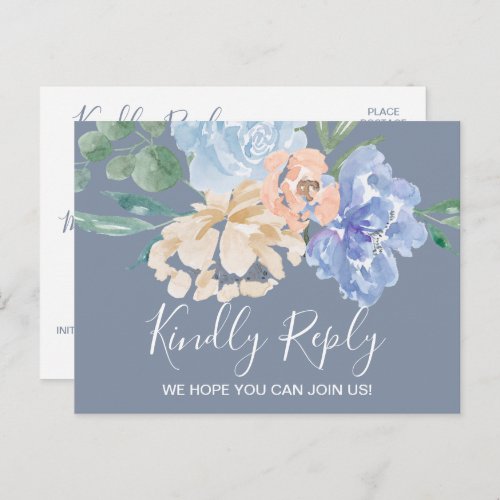 Dusty Blue Florals Menu Choice RSVP Postcard