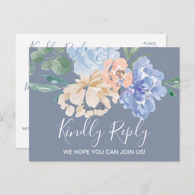 Dusty Blue Florals Menu Choice RSVP Postcard (Front/Back)