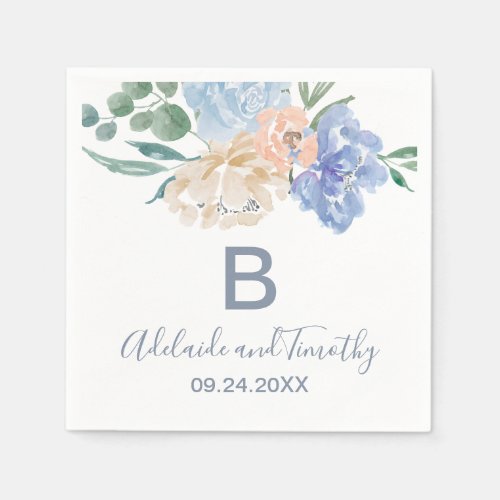 Dusty Blue Florals Monogram Wedding Napkins