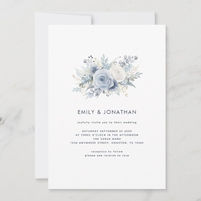 Dusty Blue Florals Navy Text QR Code Wedding Invitation (Front)