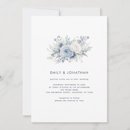 Dusty Blue Florals Navy Text QR Code Wedding Invitation