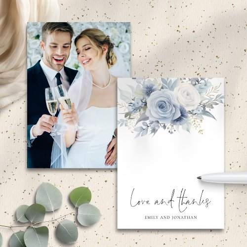Dusty Blue Florals Photo Love Thanks Wedding Thank You Card