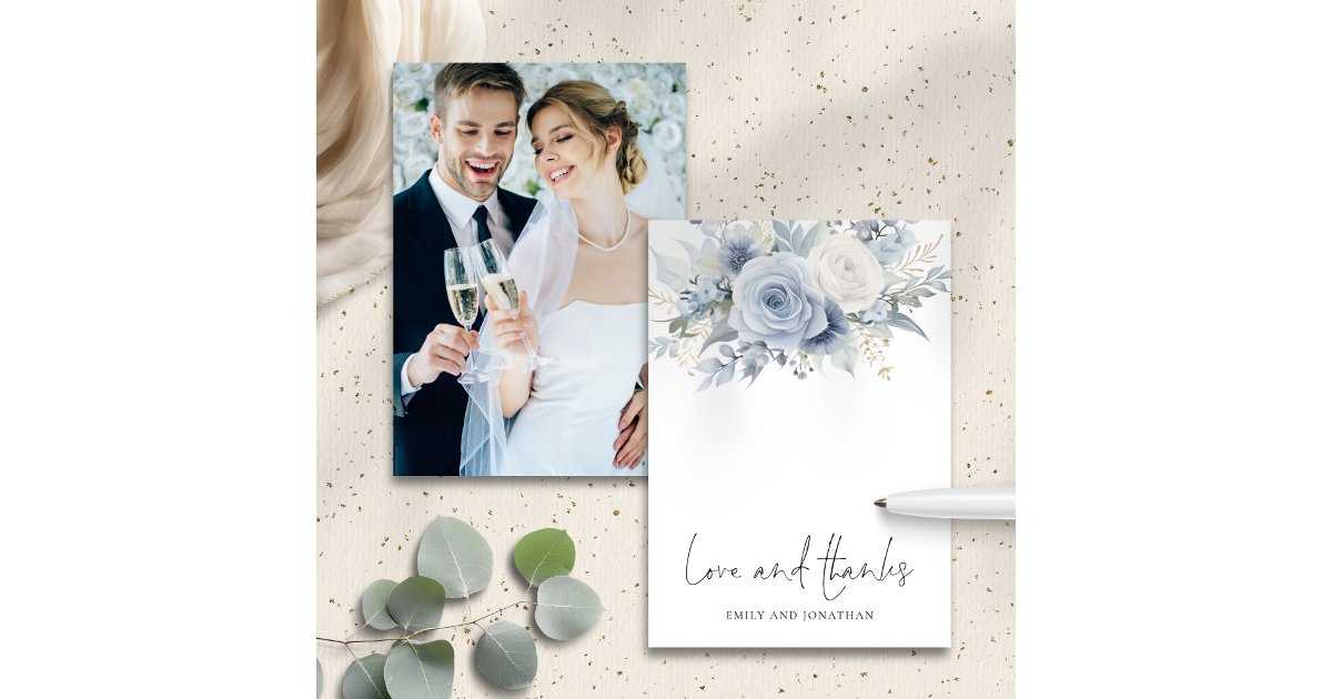 Dusty Blue Florals Photo Love Thanks Wedding Thank You Card | Zazzle