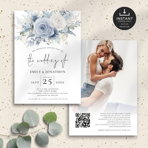 Dusty Blue Florals Photo Overlay QR Code Wedding Invitation