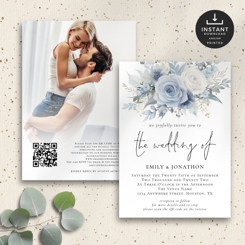 Dusty Blue Florals Photo QR Code Wedding Invitation