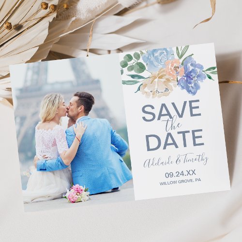 Dusty Blue Florals Photo Save the Date Card