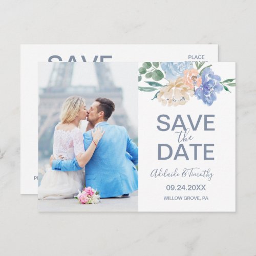Dusty Blue Florals Photo Save the Date Postcard