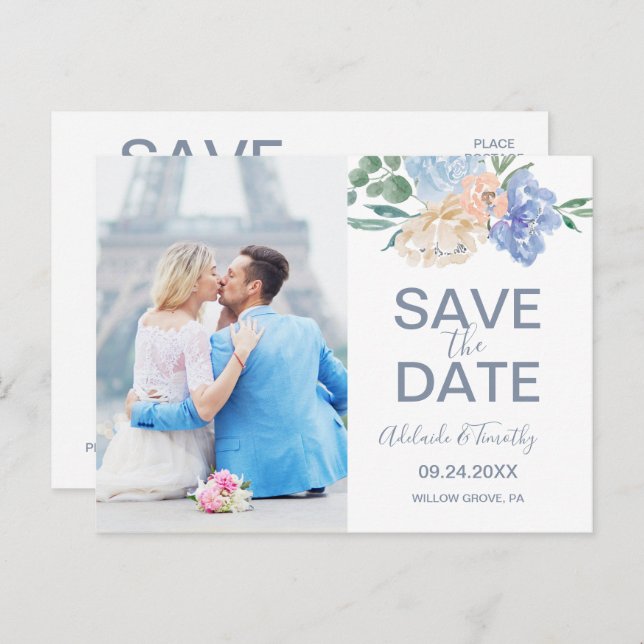Dusty Blue Florals Photo Save the Date Postcard (Front/Back)