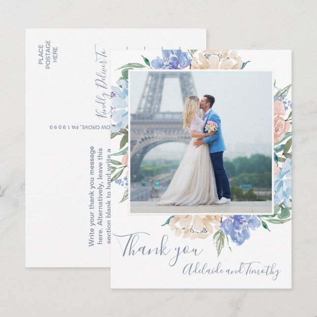 Dusty Blue Florals Photo Thank You Postcard (Front/Back)