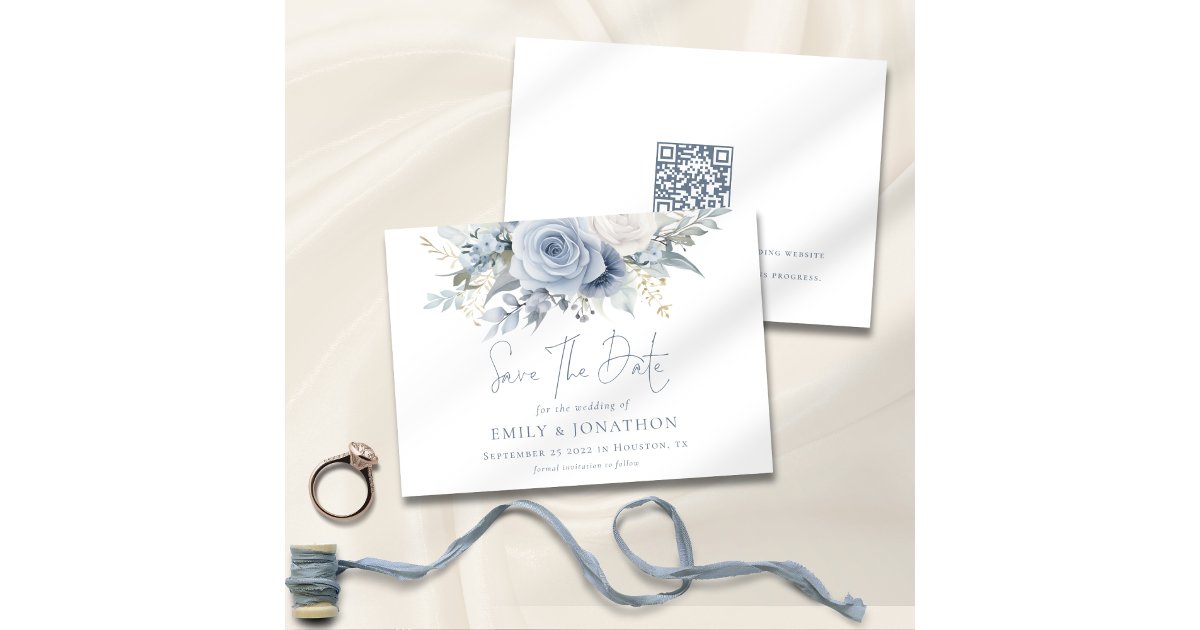 Marry Blue Code Dusty Blue Florals QR Code Blue Lettering Wedding Save The Date | Zazzle
