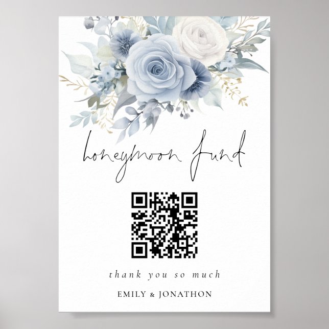 Dusty Blue Florals QR Code Honeymoon Fund Wedding Poster (Front)
