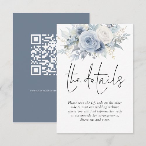 Dusty Blue Florals QR Code Wedding Details Enclosure Card