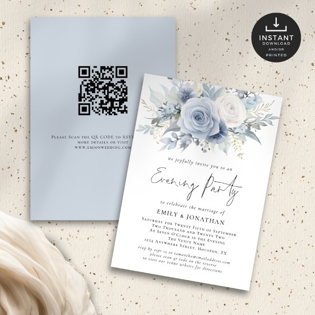 Dusty Blue Florals QR Code Wedding Evening Party Invitation (Front and back view)