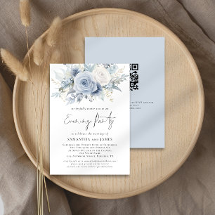 Dusty Blue Florals QR Code Wedding Evening Party Invitation