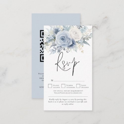 Dusty Blue Florals QR Code Wedding RSVP Enclosure Card