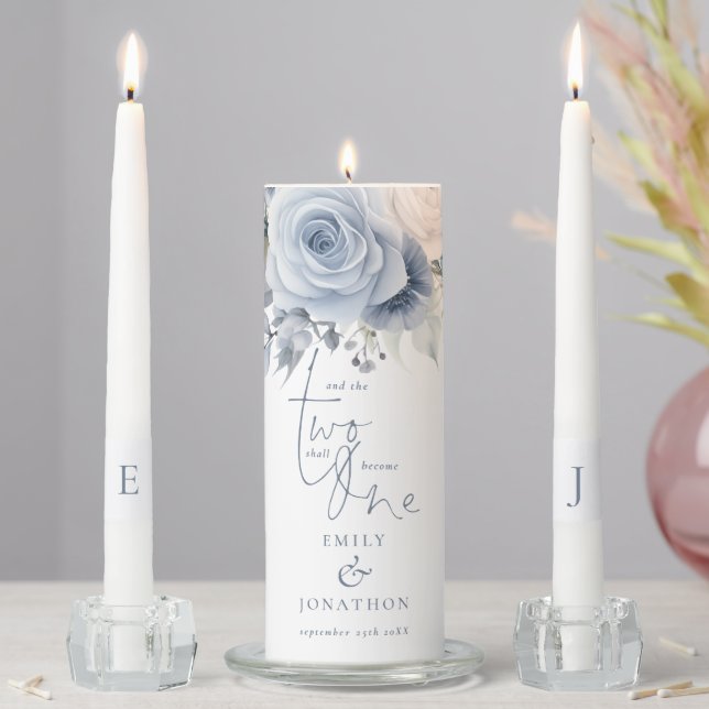 Dusty Blue Florals Romantic Quote Name Initials Unity Candle Set (In Situ)