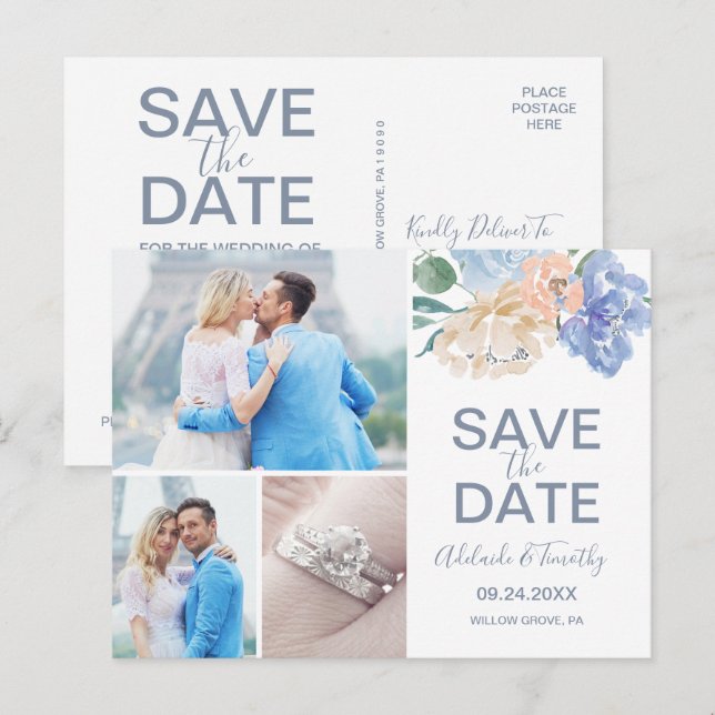 Dusty Blue Florals Save the Date 3 Photo Postcard (Front/Back)