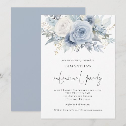 Dusty Blue Florals Script Retirement Party Invite 