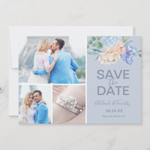 Dusty Blue Florals  Slate 3 Photo Collage Save The Date