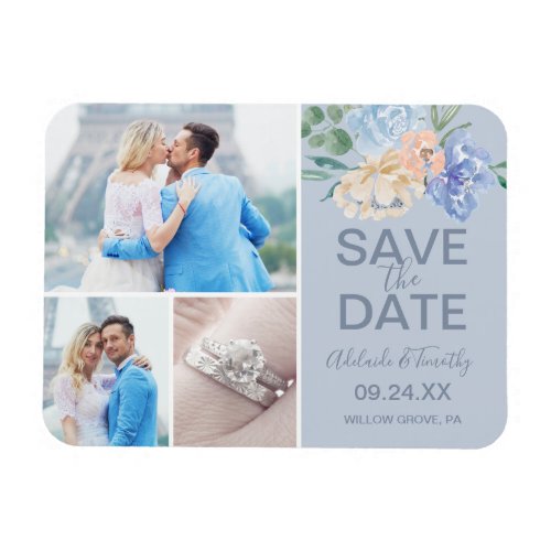 Dusty Blue Florals  Slate 3 Photo Save the Date Magnet