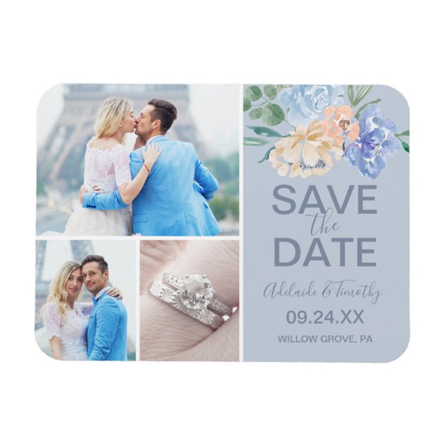 Dusty Blue Florals | Slate 3 Photo Save the Date Magnet (Horizontal)