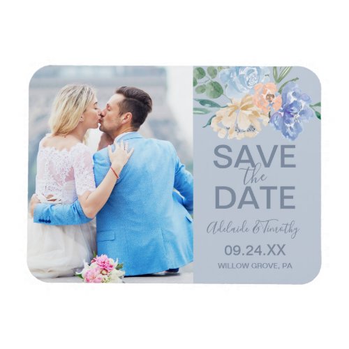 Dusty Blue Florals  Slate Photo Save the Date Magnet